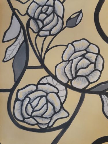Carrie-Anne. Tumbling Rose wallpaper, emulsion pots.